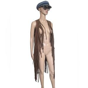 Hot & Delicious Cardigan Women M Casual Boho Vest Suede Fringe Open Front Brown